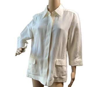 Covington Cream 3/4 Sleeve Collar Two Pockets Button up Coastal Linen Top Med P